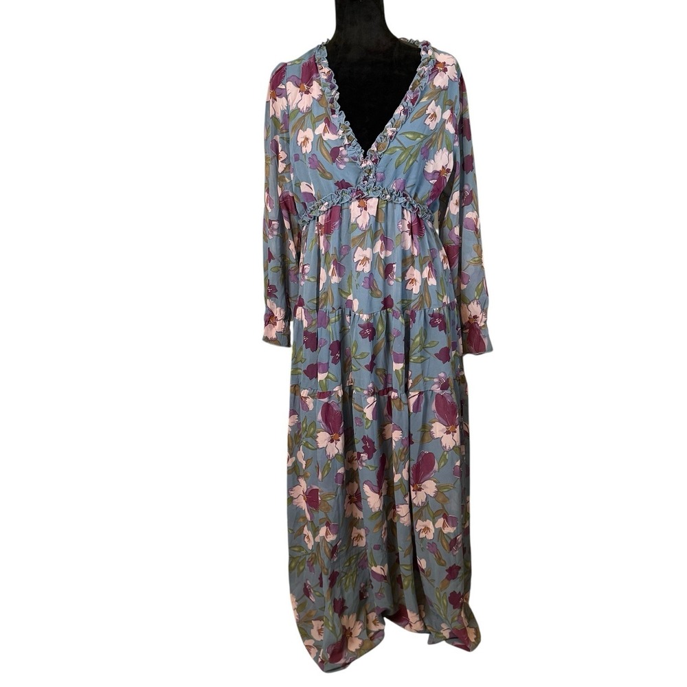 Women's Blue Purple Vivid Floral Print Maxi Dress Ruffle V-Neck Large Bloomcore - Picture 2 of 11